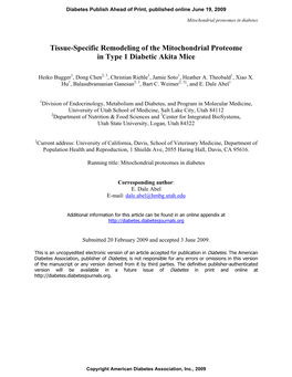 Tissue-Specific Remodeling of the Mitochondrial Proteome in Type 1 Diabetic Akita Mice