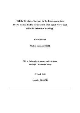 Did the Division of the Year by the Babylonians Into Twelve Months Lead to the Adoption of an Equal Twelve-Sign Zodiac in Hellenistic Astrology?
