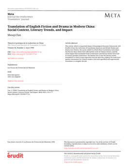 Translation of English Fiction and Drama in Modern China: Social Context, Literary Trends, and Impact Shouyi Fan