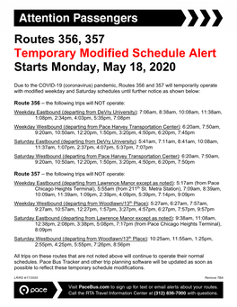 356, 357 Temporary Modified Schedule Alert Starts Monday, May 18, 2020