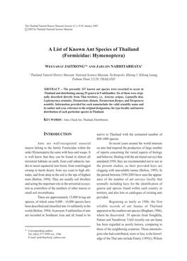 A List of Known Ant Species of Thailand (Formicidae: Hymenoptera)