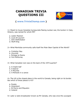 Canadian Trivia Questions Iii