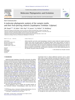 (2012). a Molecular Phylogenetic Analysis of the Vampire Moths and Their Fruit