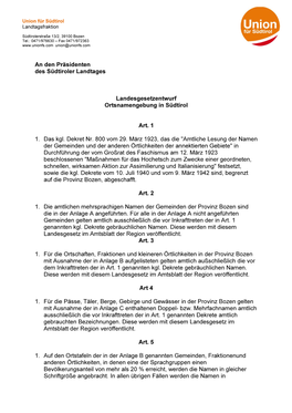 An Den Präsidenten Des Südtiroler Landtages Landesgesetzentwurf