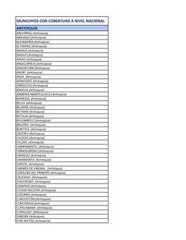 Antioquia Municipios Con Cobertura a Nivel Nacional