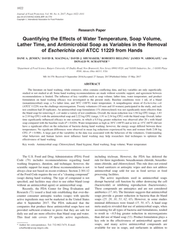 Quantifying the Effects of Water Temperature, Soap Volume, Lather Time, and Antimicrobial Soap As Variables in the Removal of Escherichia Coli ATCC 11229 from Hands