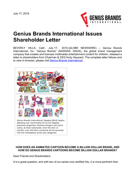 Genius Brands International Issues Shareholder Letter