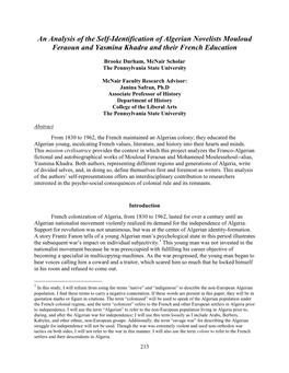 An Analysis of the Self-Identification of Algerian Novelists Mouloud Feraoun and Yasmina Khadra and Their French Education