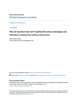 Why Do Teachers Hate Ain't? Eighteenth-Century Ideologies and Attitudes in Twenty-First-Century Classrooms