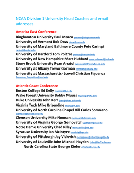 NCAA Division 1 University Head Coaches and Email Addresses