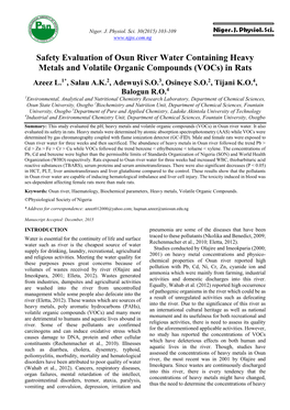 Safety Evaluation of Osun River Water Containing Heavy Metals and Volatile Organic Compounds (Vocs) in Rats