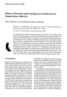 History of Domestic and Feral Pigeons (Columba Livia) in Finland Before 1900 A.D