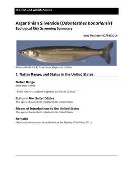 Odontesthes Bonariensis) Ecological Risk Screening Summary