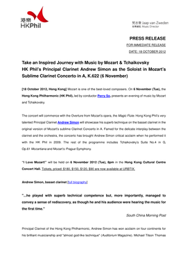 PRESS RELEASE Take an Inspired Journey with Music by Mozart