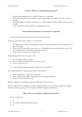 Lecture 1: What Is a Transcendental Argument?