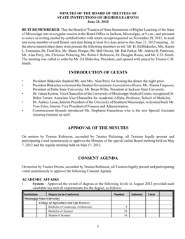 Introduction of Guests Approval of the Minutes