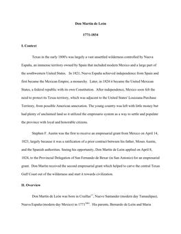 Don Martín De León 1771-1834 I. Context Texas in the Early 1800'S