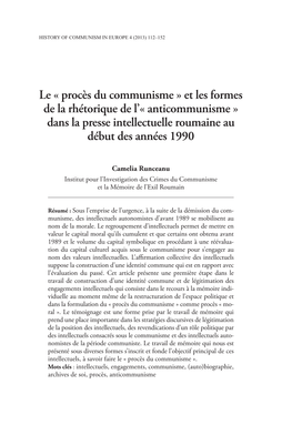 Le « Procès Du Communisme » Et Les Formes De La Rhétorique De L’« Anticommunisme » Dans La Presse Intellectuelle Roumaine Au Début Des Années 1990