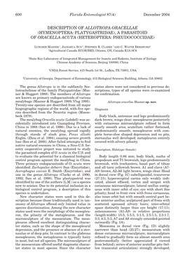 Description of Allotropa Oracellae (Hymenoptera: Platygastridae), a Parasitoid of Oracella Acuta (Heteroptera: Pseudococcidae)