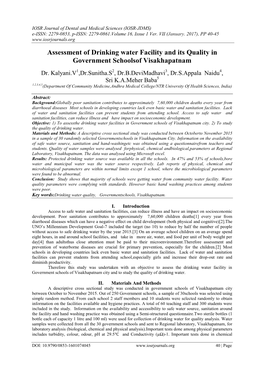 Assessment of Drinking Water Facility and Its Quality in Government Schoolsof Visakhapatnam