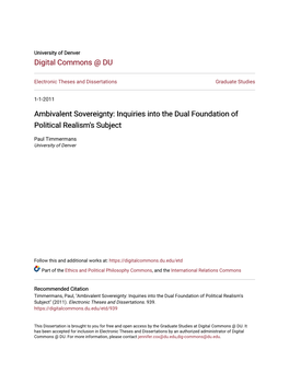Ambivalent Sovereignty: Inquiries Into the Dual Foundation of Political Realism's Subject