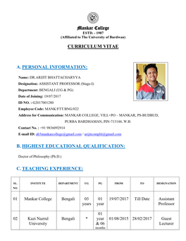 Mankar College CURRICULUM VITAE A. PERSONAL