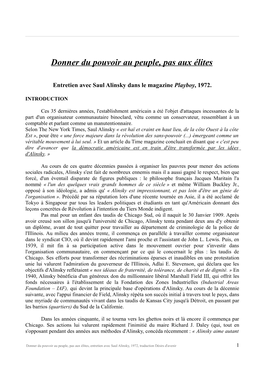 Donner Du Pouvoir Au Peuple, Pas Aux Élites, Entretien Avec Saul Alinsky