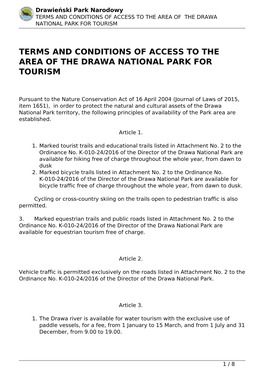 Terms and Conditions of Access to the Area of the Drawa National Park for Tourism