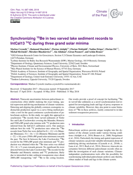 Synchronizing 10Be in Two Varved Lake Sediment Records to Intcal13 14C During Three Grand Solar Minima