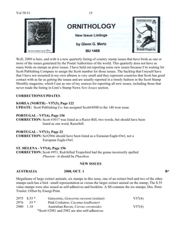 Vol 58 #1 15 Well, 2009 Is Here, and with It a New Quarterly Listing of Country Stamp Issues That Have Birds As One Or More of T