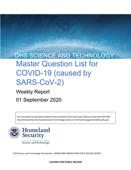 Master Question List for COVID-19 (Caused by SARS-Cov-2) Weekly Report 01 September 2020