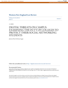 DIGITAL THREATS on CAMPUS: EXAMINING the DUTY of COLLEGES to PROTECT THEIR SOCIAL NETWORKING STUDENTS Jamison Barr & Emmy Lugus