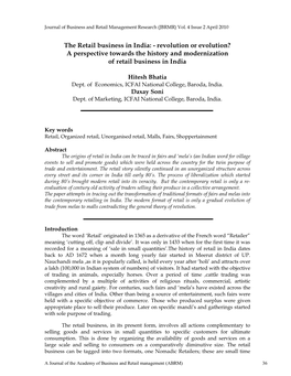 The Retail Business in India: - Revolution Or Evolution? a Perspective Towards the History and Modernization of Retail Business in India