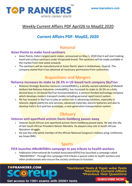 Weekly Current Affairs PDF April26 to May02,2020 Current Affairs