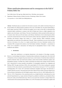 Winter Stratification Phenomenon and Its Consequences in the Gulf of Finland, Baltic Sea