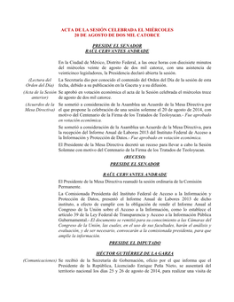 ACTA DE LA SESIÓN CELEBRADA EL MIÉRCOLES 20 DE AGOSTO DE DOS MIL CATORCE PRESIDE EL SENADOR RAÚL CERVANTES ANDRADE En La Ciud