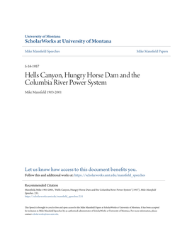 Hells Canyon, Hungry Horse Dam and the Columbia River Power System Mike Mansfield 1903-2001