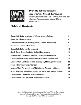 Evening for Educators Inspired by Great Salt Lake Utah Museum of Fine Arts • Educator Resources and Lesson Plans March 2014 Table of Contents