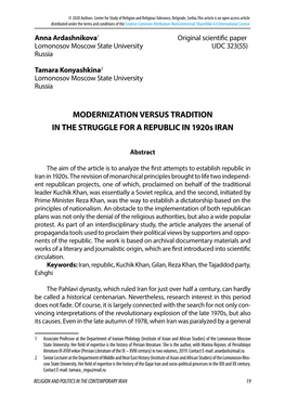 MODERNIZATION VERSUS TRADITION in the STRUGGLE for a REPUBLIC in 1920S IRAN