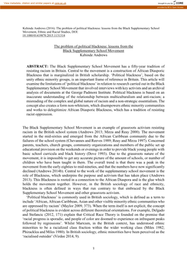 Political Blackness: Lessons from the Black Supplementary School Movement, Ethnic and Racial Studies, DOI: 10.1080/01419870.2015.1131314