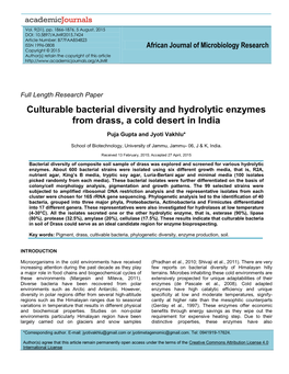 Culturable Bacterial Diversity and Hydrolytic Enzymes from Drass, a Cold Desert in India