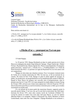 Le Solo De Django Reinhardt Dans Flèche D’Or », Les Cahiers Du Jazz, Nouvelle Série, N° 3, 2006, P