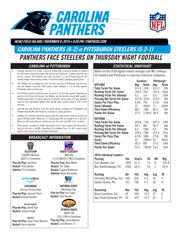 PANTHERS FACE STEELERS on THURSDAY NIGHT FOOTBALL CAROLINA at PITTSBURGH STATISTICAL SNAPSHOT • Carolina Improved to 6-2 After a Win Over Tampa Bay at Home on Sunday