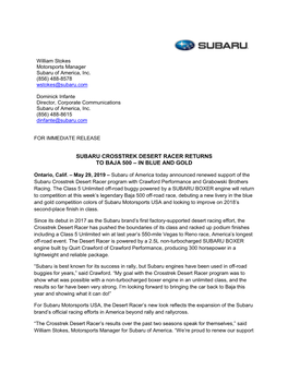 Subaru Crosstrek Desert Racer Returns to Baja 500 – in Blue and Gold