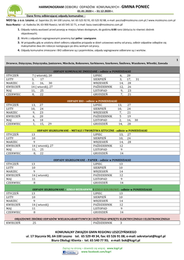 HARMONOGRAM ODBIORU ODPADÓW KOMUNALNYCH - GMINA PONIEC 01.01.2020 R