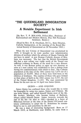 "THE QUEENSLAND IMMIGRATION SOCIETY" a Notable Experiment in Irish Settlement [By Rev