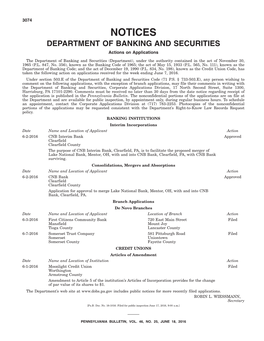 NOTICES DEPARTMENT of BANKING and SECURITIES Actions on Applications