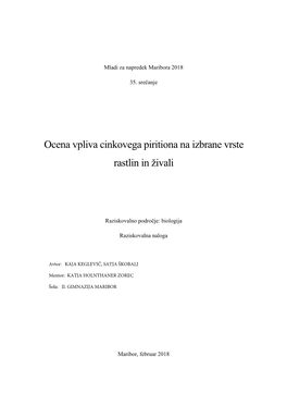 Ocena Vpliva Cinkovega Piritiona Na Izbrane Vrste Rastlin in Živali