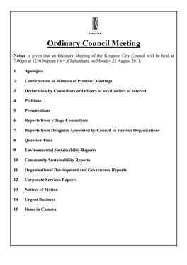 Agenda Ordinary Council Meeting