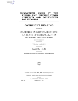 Oversight Hearing Committee on Natural Resources U.S